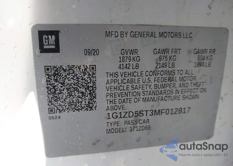 2021 Chevrolet Malibu Fwd Lt z USA, uszkodzony, nr VIN 1G1ZD5ST3MF012817